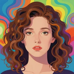 a colorful vibrant acid closeup portrait of a simple caucasian woman with curly mid length brown hair with a calm afraid aesthetic face broken reflections mirrored dreamy vibes and dreaming psychedelic hair, by kawase hasui, moebius, edward hopper and james gilleard, zdzislaw beksinski, steven outram colorful flat surreal design, hd, 8 k, artstation