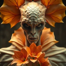 humanoid in monstera adansonii, autumn, stern face, directed gaze, haute couture, editorial photoshoot, pastel colors, fashion photography, cinematic lightning, flowers, ultra realistic, portrait photography, symmetrical, 8 k, hd, very detailed, hyper - real, beautiful, zdzisław beksinski