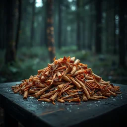 5 5 mm photo of a pile of freshly cooked mutabaq on a wooden table in a magical forest. dof. bokeh. magical atmosphere. art by greg rutkowski. highly detailed 8 k. intricate. lifelike. soft light. nikon d 8 5 0.