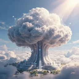 beautiful surreal scenery artwork pixiv. gigantic architectural modern design node network of cloud computing soul dust. unthinkable dream cloud computer infinites. sublime god lighting, sun rays, cold colors. insanely detailed, artstation!! pixiv!! infinitely detailed
