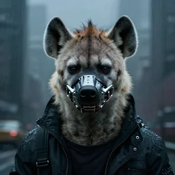 new york city portrait of furry anthro anthropomorphic spotted hyena head animal person fursona wearing clothes strange cybernetic shiny metal muzzle gloomy rainy screenshot from the video game cyberpunk 2077 digital art by Greg Rutkowski, Simon Stalenhag, christopher nolan trending on Artstation, CGSociety