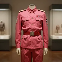 the film still photographed image is a vintage military uniform from the 1 9 5 0 s. the ensemble is inspired by red pink blush fairy aesthetic. it is displayed on a mannequin in a museum exhibit.