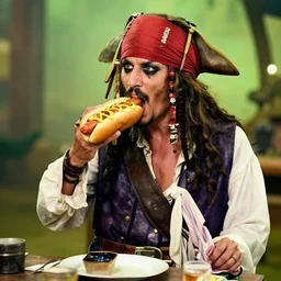 one legged pirate eating a hotdog