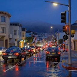 dennis miller bunker painting of cars waiting for traffic light in san francisco at night, taillights, puddles, reflections, hills, distant fog, grain, very detailed