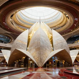 interior of a futuristic lotus temple space station with gold, red and white marble panel, by buckminster fuller and syd mead, intricate contemporary architecture, photo journalism, photography, cinematic, national geographic photoshoot