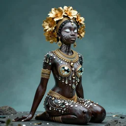 hyperrealistic post - symbolist cinematic very beautiful! oshun goddess with white eyes, yoruba body paint, dripping mirror droplet armor, gold flowers, highly detailed digital art masterpiece, smooth etienne sandorfi eric zener dramatic pearlescent soft teal light, ground angle uhd 8 k, sharp focus