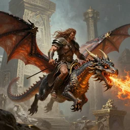 panoramic painting of very handsome and savage barbarian mounted on a flying legendary dragon blowing fire, full body view and focus of high detailed photo realistic face, wearing ancient barbarian clothing in the style of conan, centered, rule of thirds photo, hyper realistic, runic temple in the background, sharp focus, intricate oil painting, concept art illustration masterpiece trending on artstation pixiv fanbox by wlop and