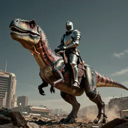 a cyber knight riding a cyborg raptor, 8k, film grain, cinematic, futuristic, sci fi, retro