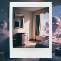 a pastel coloured polaroid photo of a hotel room, hotel mini fridge, mirror, tv, surface, window, view in a dream state alien world.