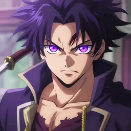 a villain with purple eyes in battle anime style