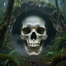 frazetta skull cave in foggy jungle