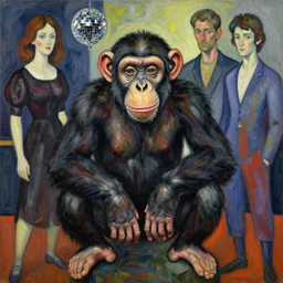 painting of a chimpanzee in the style of disco elysium, expressionism, artstation, trending, by aleksander rostov, jenny saville, rembrandt, alex kanevsky, wassily kandinsky, dave mckean, yoshitaka amano