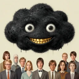 a still frame illustration of a black rough ugly wet fluffy cloud with human eyes, smiling with golden teeth by quint buchholz, cheng hsiao - ron, wes anderson, fujita goro, edward hopper, rene magritte, simon stalenhag, fine details, ornate, simon stalenhag