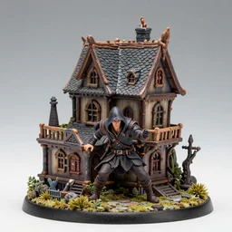 a studio photograph of a painted fantasy miniature of a rogue thief human creeping round an old fantasy house