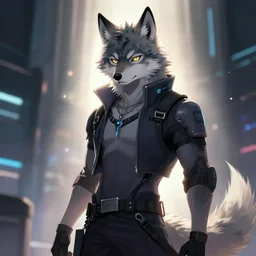 a wolf fursona, trending on artstation, by kawacy, furry art, digital art, cyberpunk, high quality, backlighting