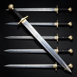 full page scan catalogue of ancient swords on black background, matte painting