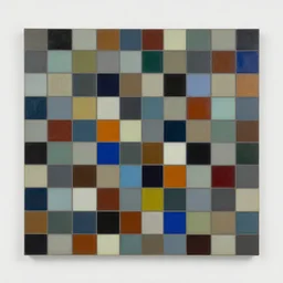a mosaic painting of a grid of 1 0 2 4 colored glass translucent squares, random muted colors, by gerhard richter, white border and background, lacquer on canvas, 1 0 2 4 farben abstract, geometric, sharp focus, highly detailed, digital painting, hyperealism, 8 k, hd
