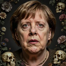 Detailed maximalist portrait of Angela Merkel with large lips and eyes, scared expression, botanical skeletal with extra flesh, HD mixed media, 3D collage, highly detailed and intricate, surreal illustration in the style of Caravaggio, dark art, baroque, centred in image