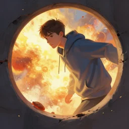 through a peephole young man stepping out of an explosion, digital painting, concept art, hoodie, smooth, sharp focus, bright colors, illustration, artwork by viktoria gavrilenko