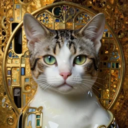 face centered portrait, artwork by james jean, hyperdetailed realistic smooth polished porcelain, beautiful cat queen, jean delville, art nouveau, gustav klimt, ornate metal gothic icon with heavy patina, james jean, ultrasharp hyperdetailed photorealistic octane render, surreal, whimsical