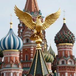 a golden double-headed eagle with wings raised to the top sits on a spire against the background of St. Basil's Cathedral in the style of photorealism