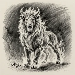 pencil drawing of a flaming minotaur by norman ackroyd, h. r giger