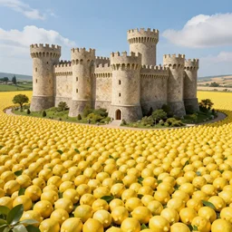 an army of lemons laying siege to a castle