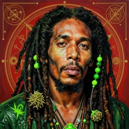 hyper realistic portrait painting of bob marley ( intrincate detail, hot neon green ornaments, marijuana ) wet, marijuana buds, by saturno butto, boris vallejo, austin osman spare and david kassan, by bussiere. occult art, occult diagram, red and green color scheme.