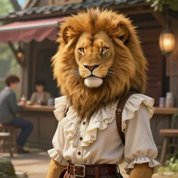 beautiful portrait of a female anthropomorphic lion fursona wearing a fancy ruffled shirt outside a fantasy tavern. character design by charlie bowater, ross tran, artgerm, and makoto shinkai, detailed, soft lighting, rendered in octane