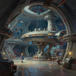 A beautiful painting of interior hangar of a futuristic science fiction space station, intricate, highly detailed, digital painting, illustration, artgram, by beeple, studio ghibli, trending on artstation