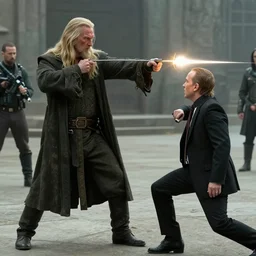gandalf shooting at agents smith, in the john wick movie, still frame.