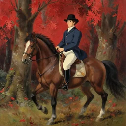 attractive man riding a horse in the woods with falling red leaves, painting by gaston bussiere, craig mullins, j. c. leyendecker, ghibli style