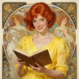 a smiling beautiful woman with short red hair wearing a yellow dress and reading a book, blue eyes, masterpiece, intricate, elegant, highly detailed, digital painting, artstation, concept art, smooth, sharp focus, illustration, art by artgerm and greg rutkowski and alphonse mucha and uang guangjian and gil elvgren and sachin teng, symmetry!!