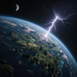 the surface of a distant tropical planet with surreal landscape, curvature, stars and moons in the sky, dark, completely original lightning and light sources,, cinematic angle, movie concept, trending on artstation, octane render, 8 k, ultra high detail