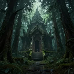a deep florest, beautiful, with a creepy secret temple, scary, artstation, volumetric light, high detail, reflections, perfect, concept art, hdr, 4 k