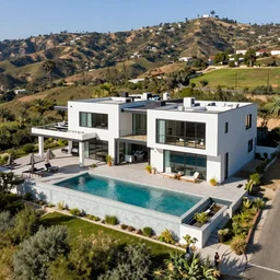 Drone image of a 2 story contemporary house in the hills of Los Angeles. Viewed from the backyard infinity pool.