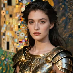 close - up portrait of beautiful model dressed gladiator with metallic armor, art by gustav klimt