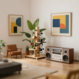 tilt shift focus, miniature 1 9 6 0 s interior design by gaudi, rube goldberg machine, surreal house plants, hi - fi stereo with speakers, modern furniture, bold modern abex art, mid century, minimal