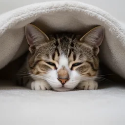 a sleepy and cute kitten laying under a blanket, canon eos r 3, f / 1. 4, iso 2 0 0, 1 / 1 6 0 s, 8 k, raw, unedited, symmetrical balance, in - frame
