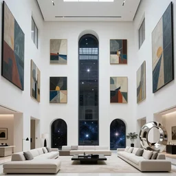 giant Italian modern castle living room, clean minimalist design, that is 1300 feet tall, with very tall giant walls filled with modern art paintings, doors that are cosmic portals, giant modern stainless steel sculpture by Ken Kelleher, photo by Annie Leibovitz