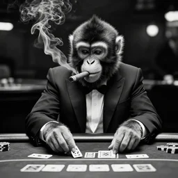 hyper realistic photo of a monkey in a suit smoking a cigar and playing poker in a casino, 5 0 mm, black and white, shot by david lynch