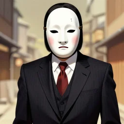 businessman wearing a noh mask shishiguchi and pinstripe suit, menacing, character art by tim bradstreet