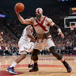 kratos fighting in a basketball game
