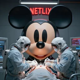 dystopian futuristic mechanic surgeons with astronaut helmets on their heads operating on huge mickey mouse doll head red netflix neon office sign in background, in private care garage, beeple!!, minimal, movie still