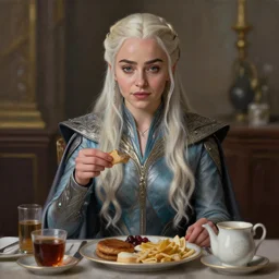perfectly - centered - portrait of daenerys targaryen having a breakfast, intricate, highly detailed, digital painting, artstation, concept art, smooth, sharp focus, illustration, oil painting, unreal engine 5, 8 k, art by dave rapoza and sam spratt