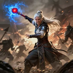 dragon age character wynne, 5 0 years old woman ash white long hair tied bun, holding long staff red orb, casting blue magic, gritted teeth, background full of war silhouettes, fighting darkspawn, full body, epic, d and d, cinematic, dynamic lighting, concept art, rich color, bioware, by greg rutkowski