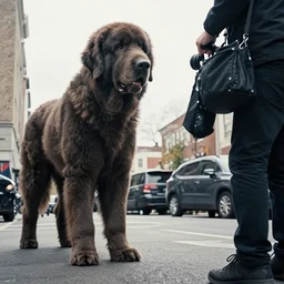 giant dog looking at photographer ; from the street level, cinematic angle, upward perspective
