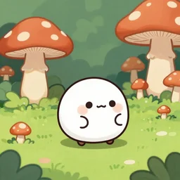 a cartoon render of a cute little mochi ball exploring a mushroom forest