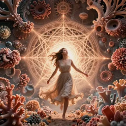ridiculously beautiful young woman tripping, 3 d coral fractals radiating from head with sacred geometry, natural, awakening, symmetrical, in the style of ernst haeckel, effervescent, warm, photo realistic, epic and cinematic,