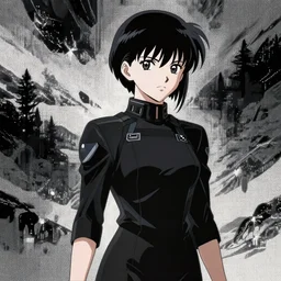 Anime Major motoko kusanagi in all black uniform, digital art, dot matrix